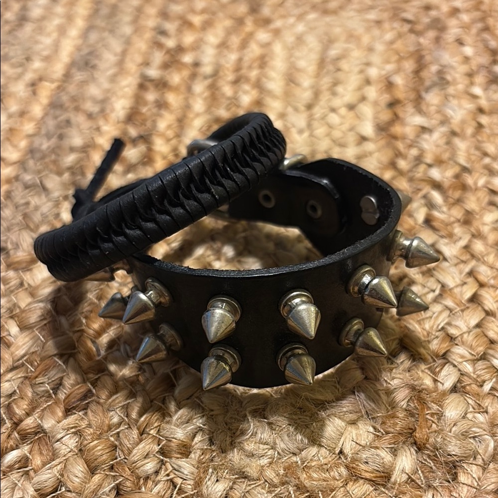 Black Spiked Leather Bracelet Set
